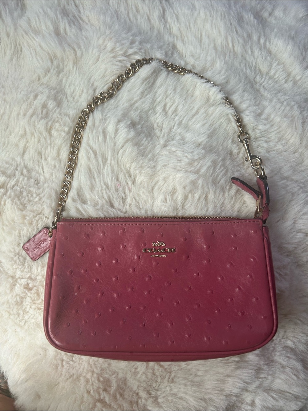 Coach Pink Ostrich-Embossed Wristlet with Gold Chain Strap - Picture 4 of 4
